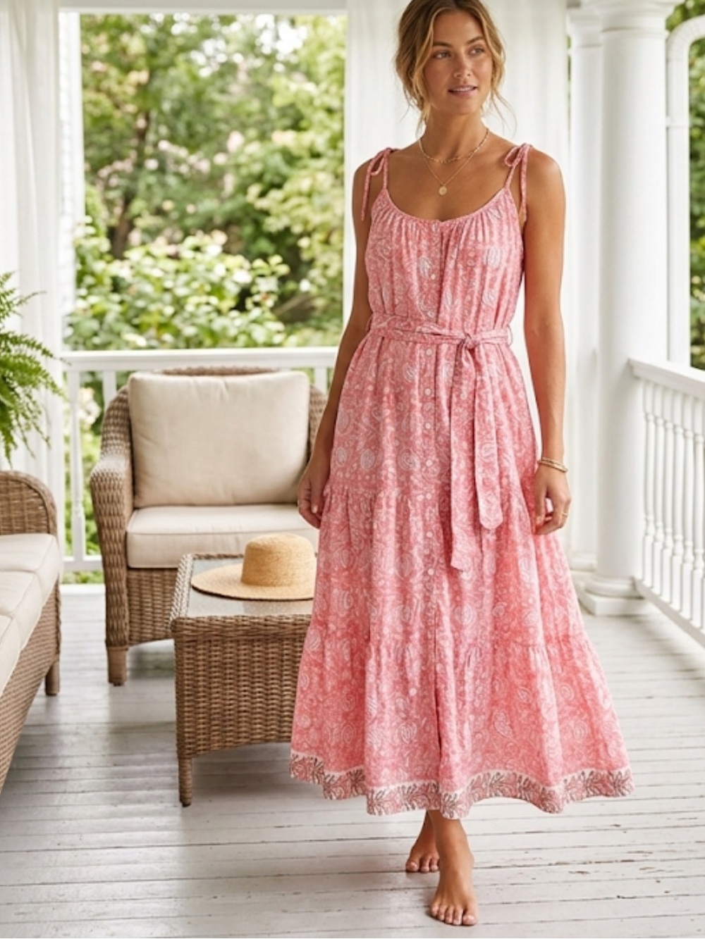 MAREA Coral Pink Sieta Dress Tie-Shoulder Cotton Maxi Dress small